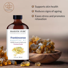 Close-up of Majestic Pure Frankincense Essential Oil label on 2 oz bottle