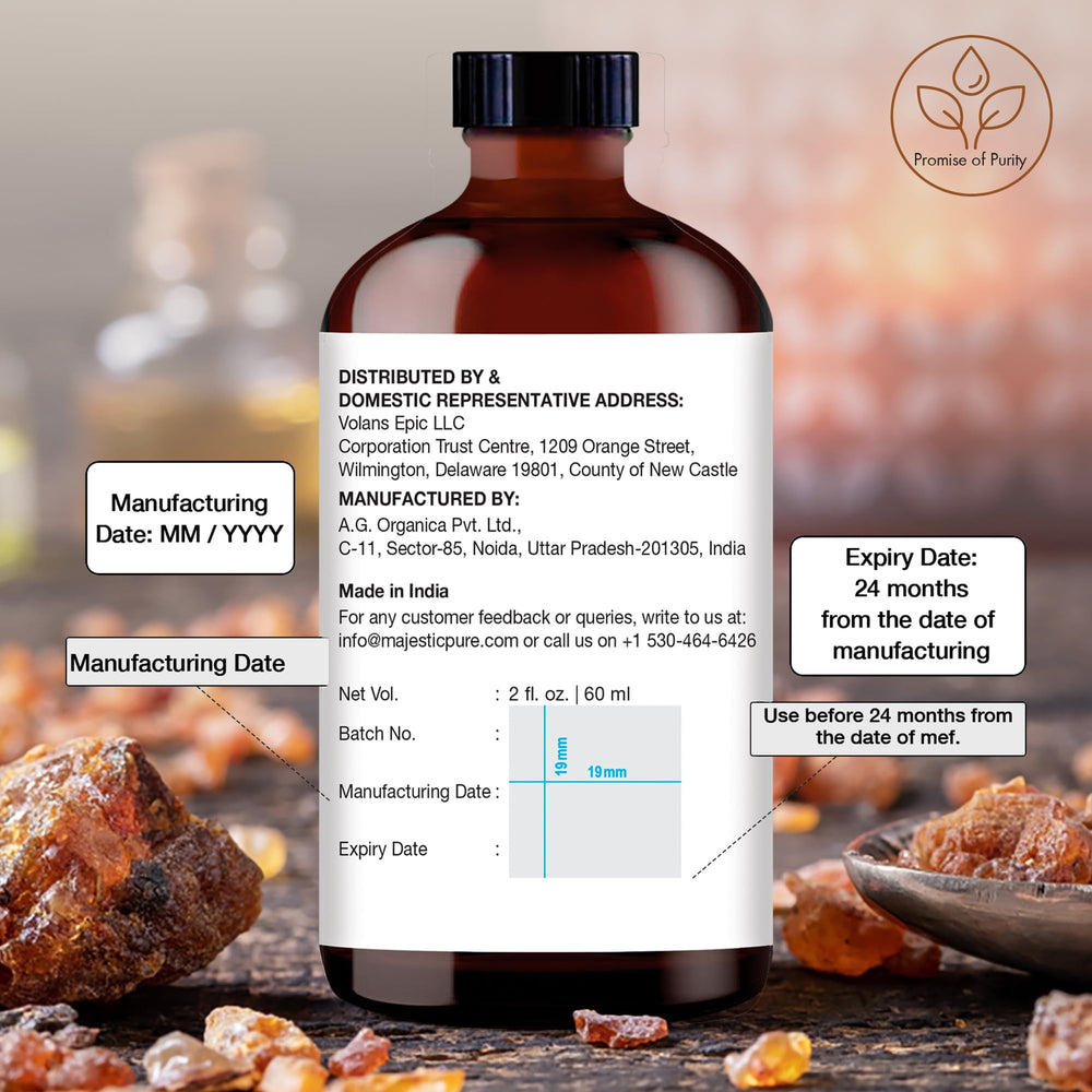 Close-up of Majestic Pure Frankincense Oil label