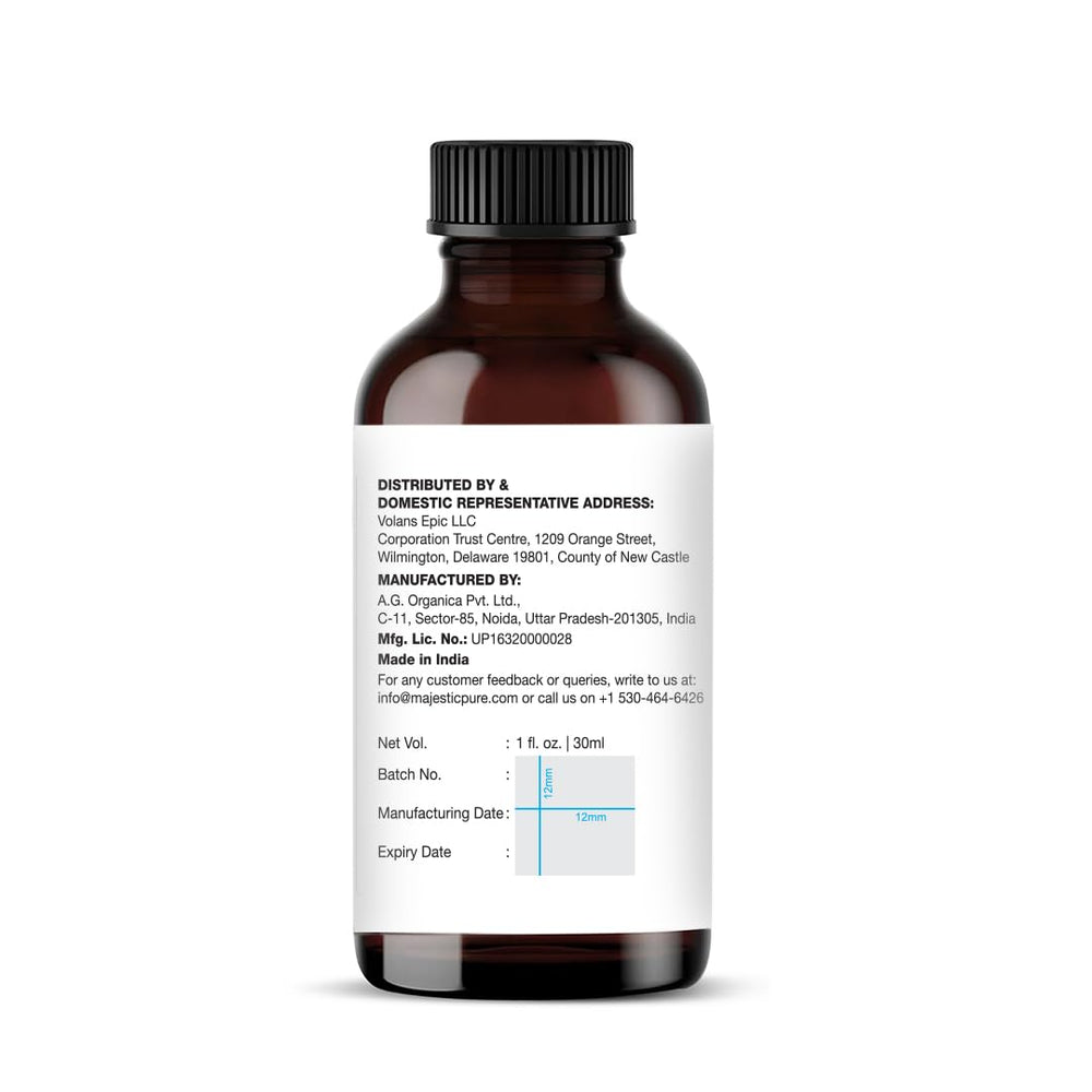 Majestic Pure Frankincense Essential Oil label and bottle information