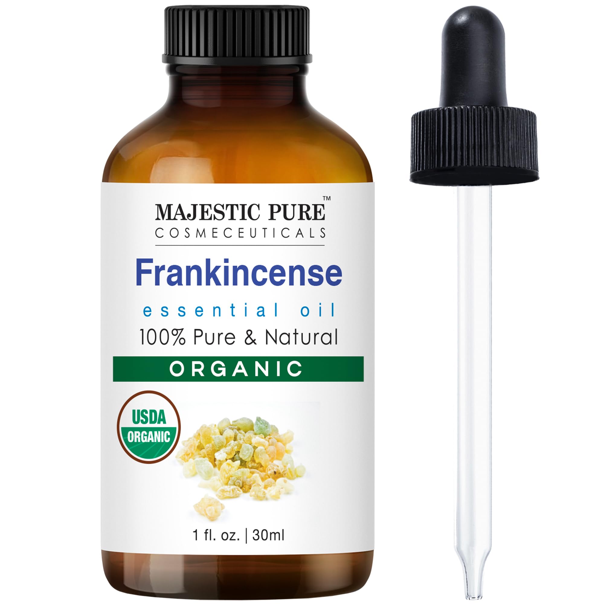 Majestic Pure Organic Frankincense Essential Oil in amber glass bottle with dropper