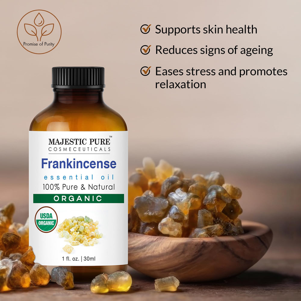 Bottle with label: Majestic Pure Organic Frankincense Oil, 1 Oz