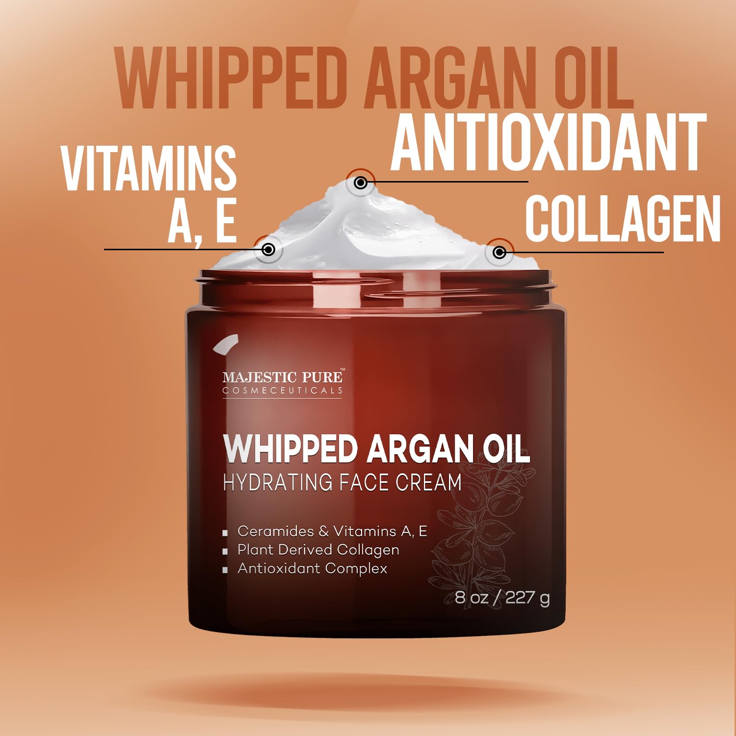 Majestic Pure Whipped Argan Oil Moisturizer glass jar with gold lid on vanity.