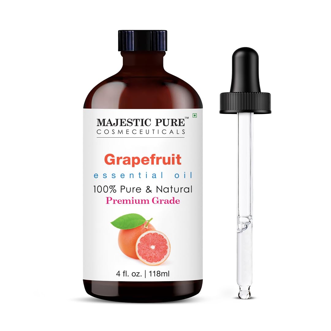Majestic Pure Grapefruit Essential Oil in an amber glass bottle