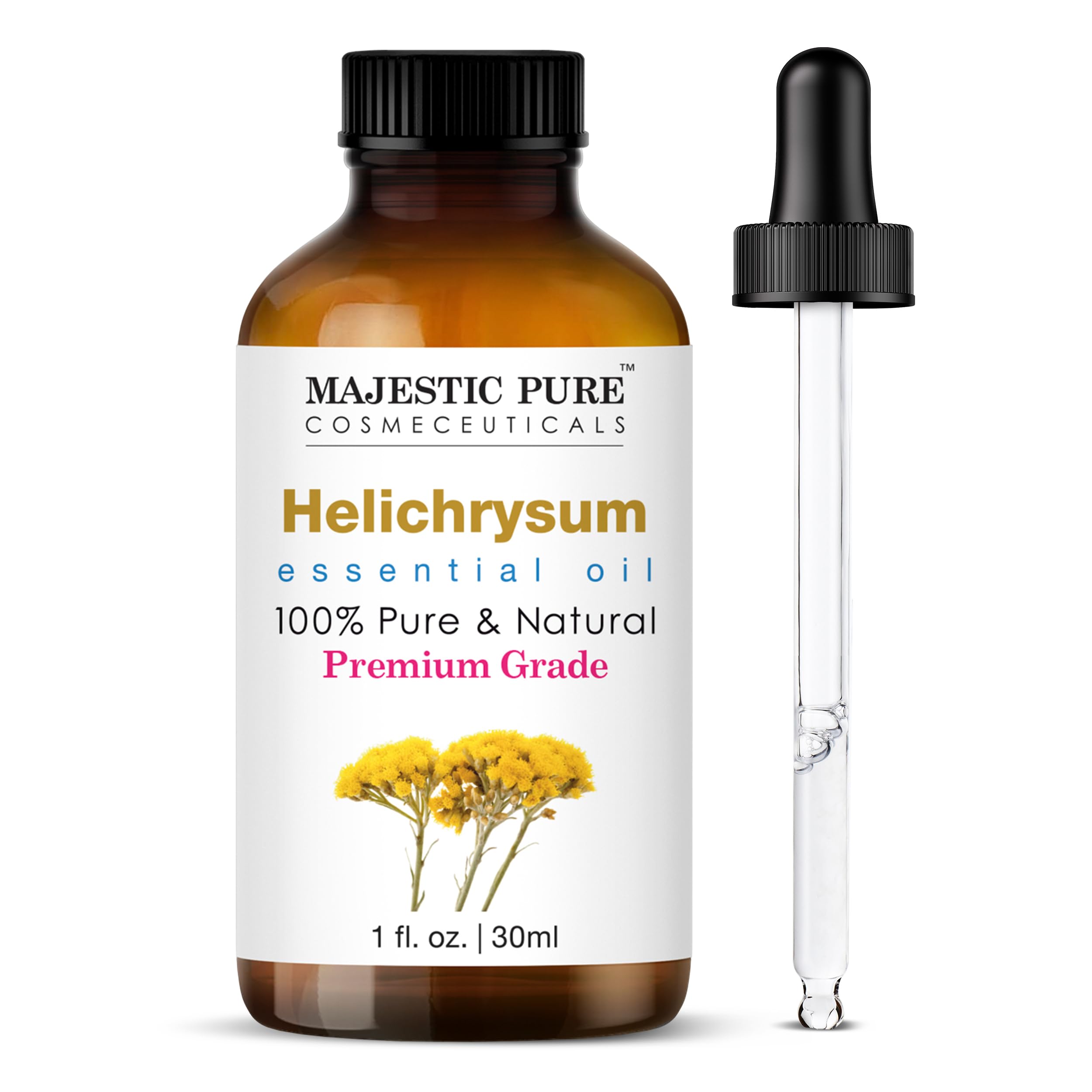 Majestic Pure Helichrysum essential oil bottle with 1oz glass dropper