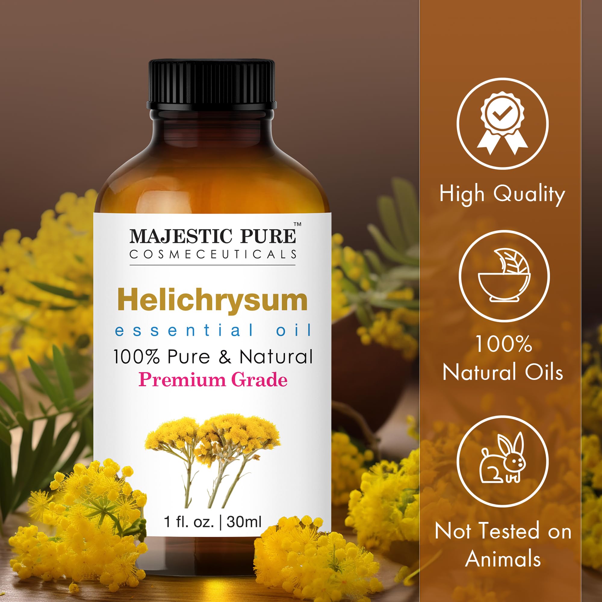 Glass dropper with packaging for Helichrysum essential oil