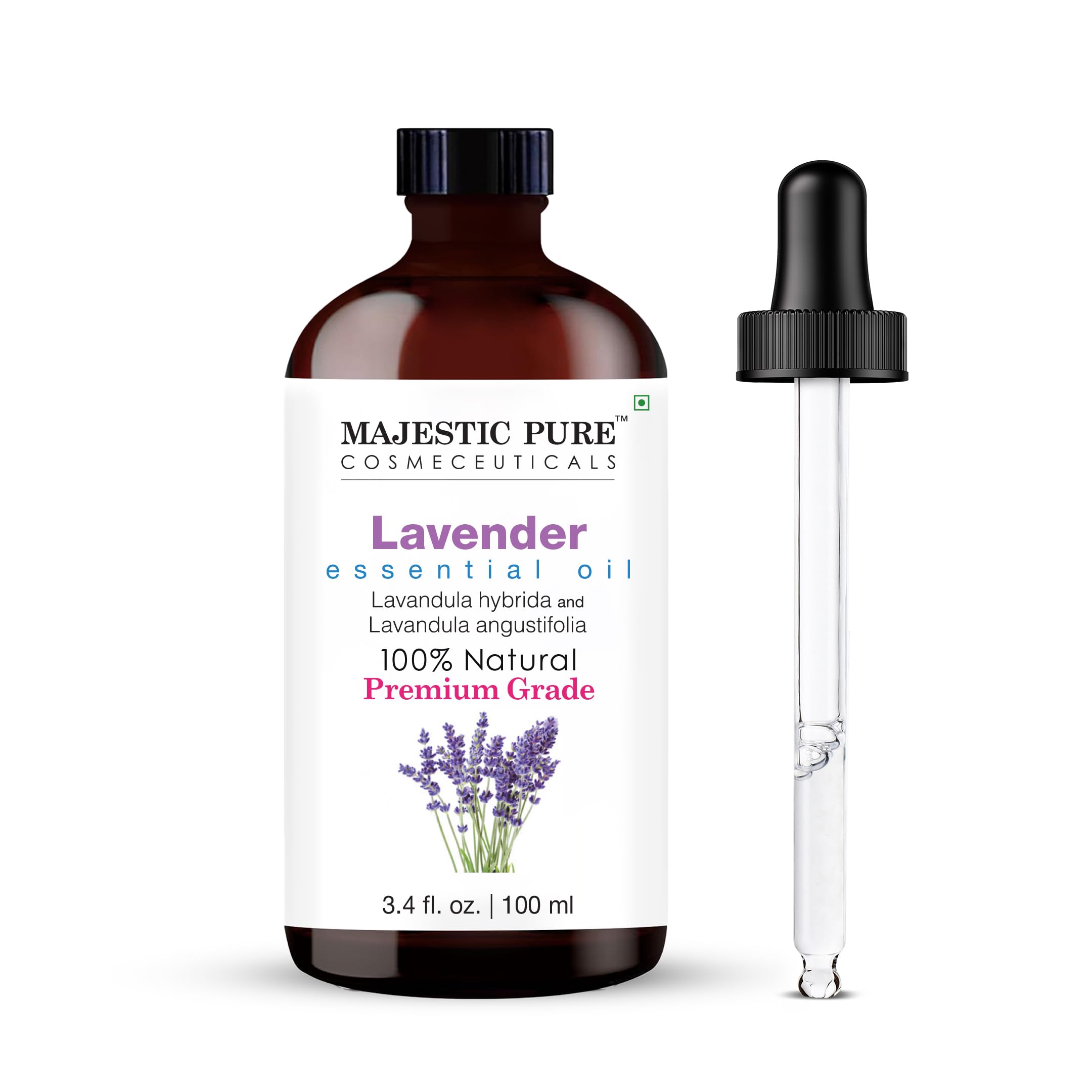 Majestic Pure Lavender Essential Oil in amber glass bottle with dropper