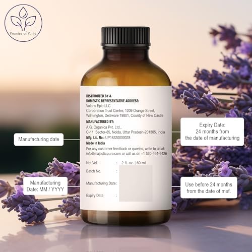 Label on Majestic Pure Lavender Essential Oil bottle.