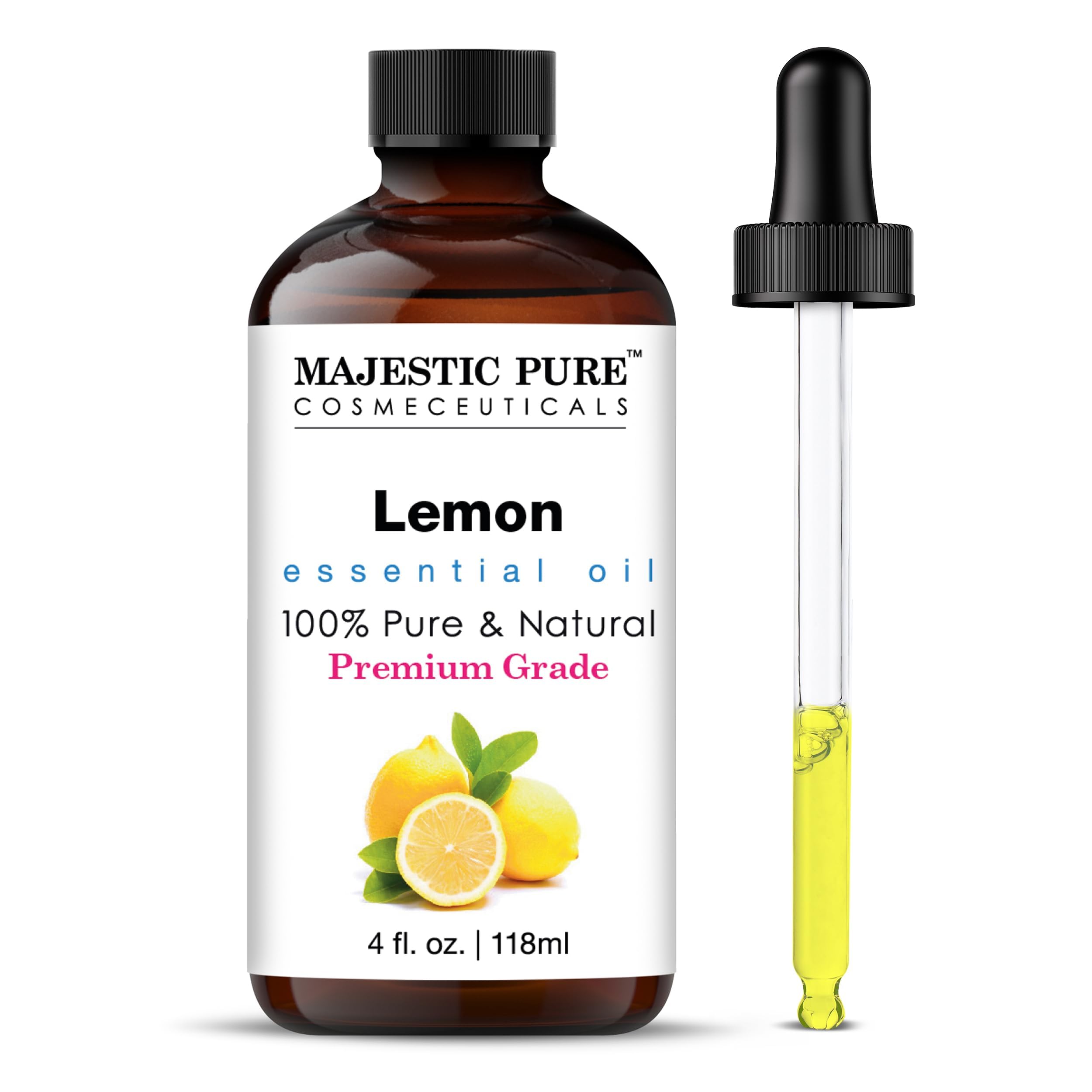 Majestic Pure Lemon Essential Oil in an amber glass bottle with dropper (4 oz)