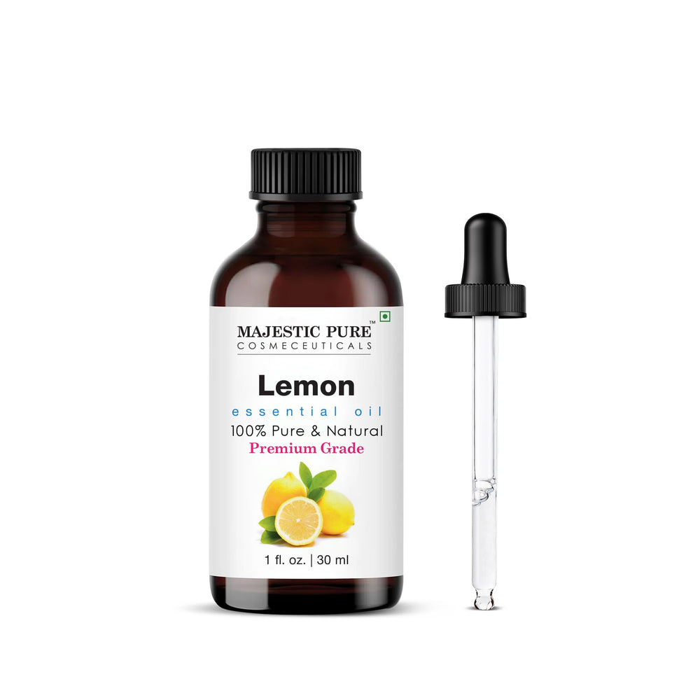 Amber glass bottle of Majestic Pure Lemon Essential Oil, 1 oz