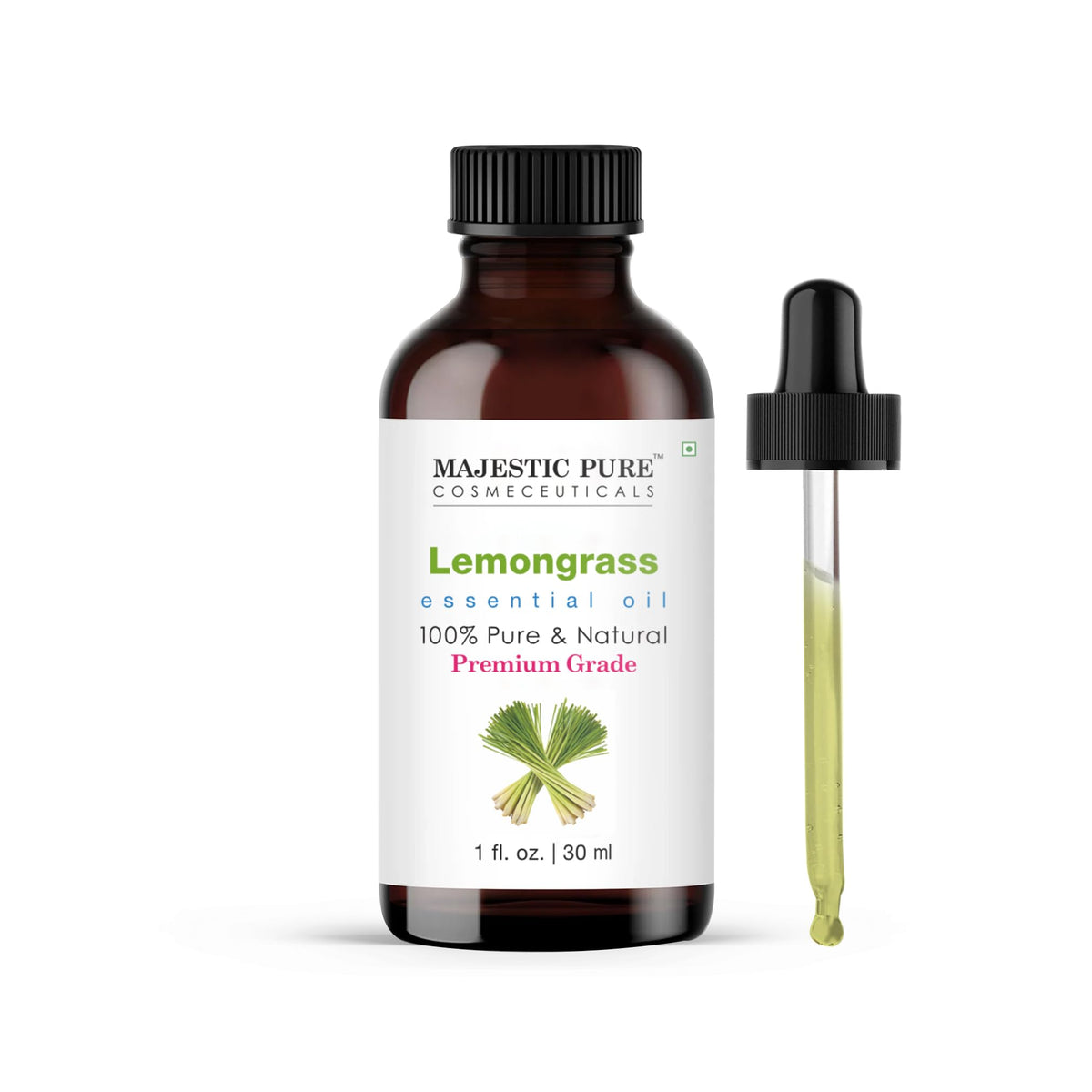 Majestic Pure Lemongrass Essential Oil in 1oz amber glass bottle