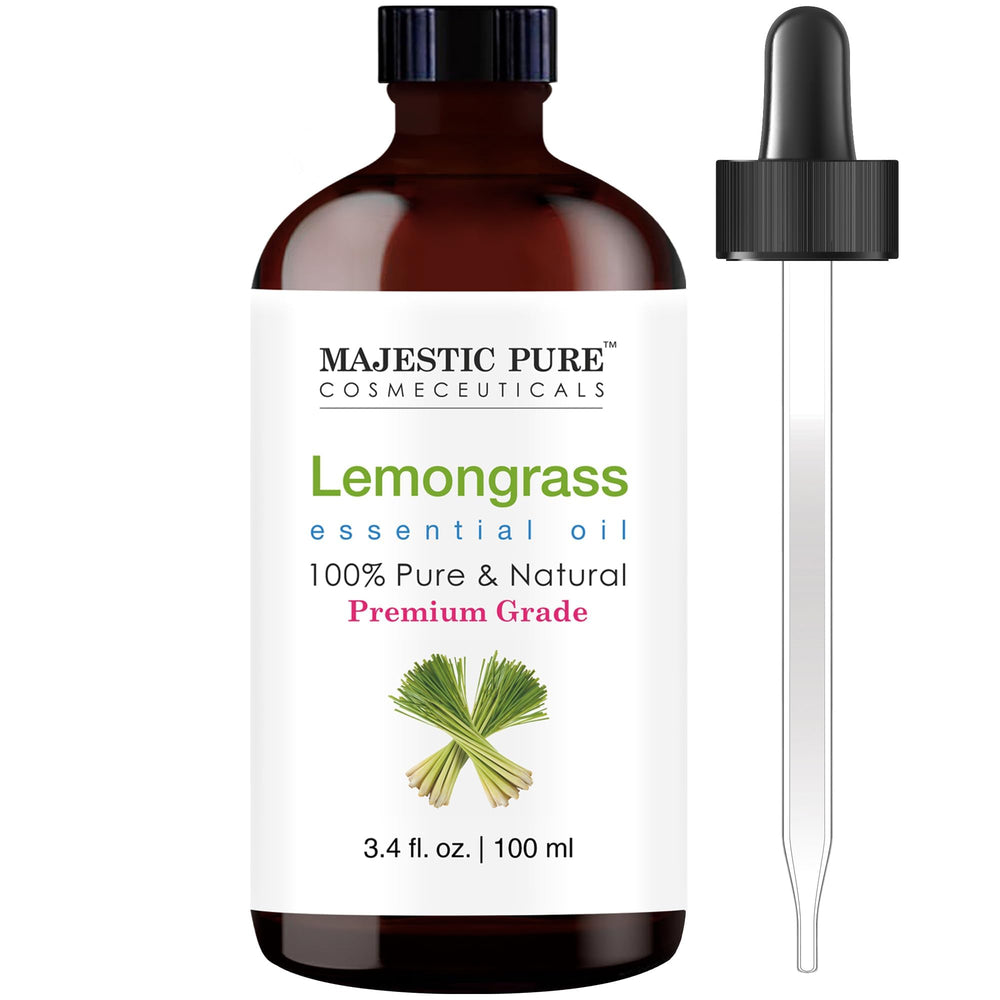 Majestic Pure Lemongrass Essential Oil in a 3.4 oz amber glass bottle with dropper.