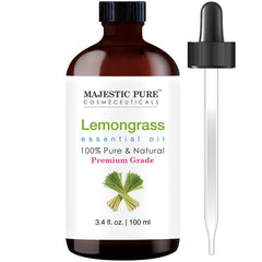 Majestic Pure Lemongrass Essential Oil in a 3.4 oz amber glass bottle with dropper.