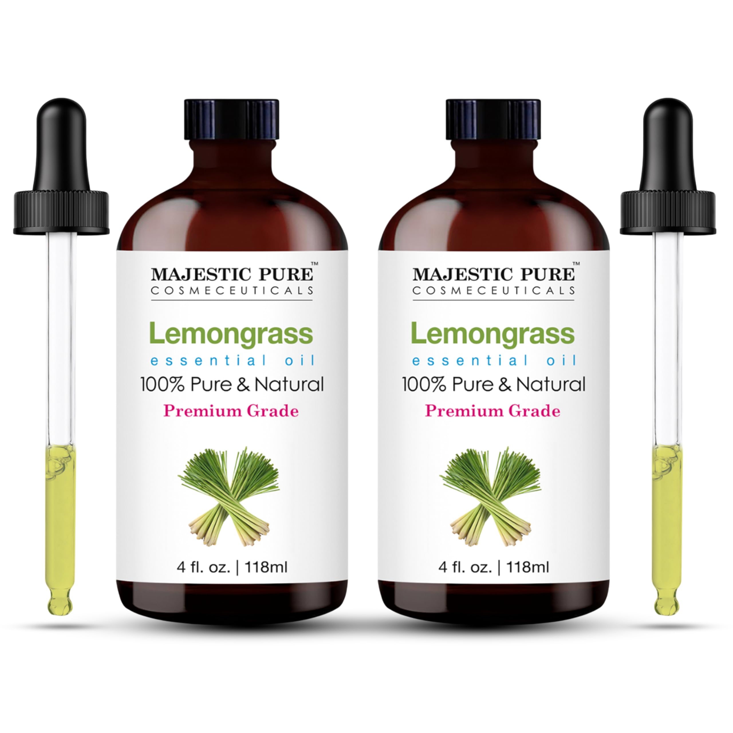 Majestic Pure Lemongrass essential oil in amber glass bottle with dropper
