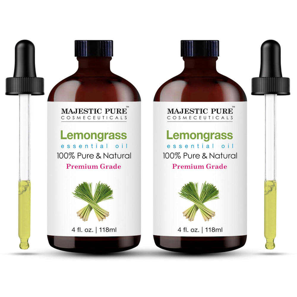Majestic Pure Lemongrass essential oil in amber glass bottle with dropper