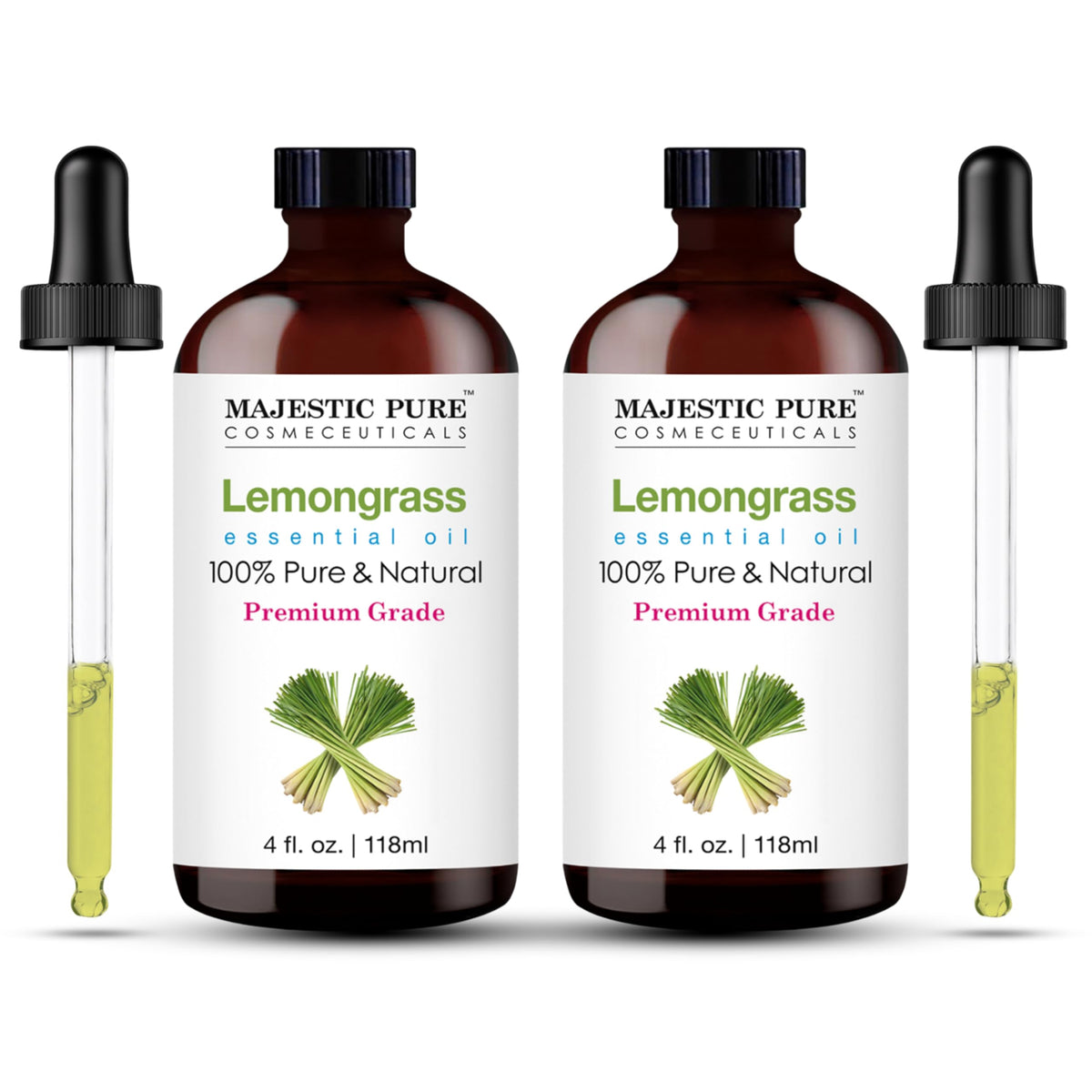 Majestic Pure Lemongrass essential oil in amber glass bottle with dropper