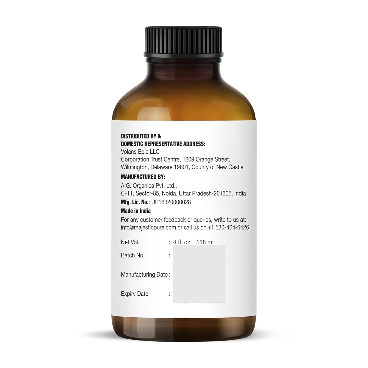 Close-up of amber glass bottle of Majestic Pure Lemongrass oil