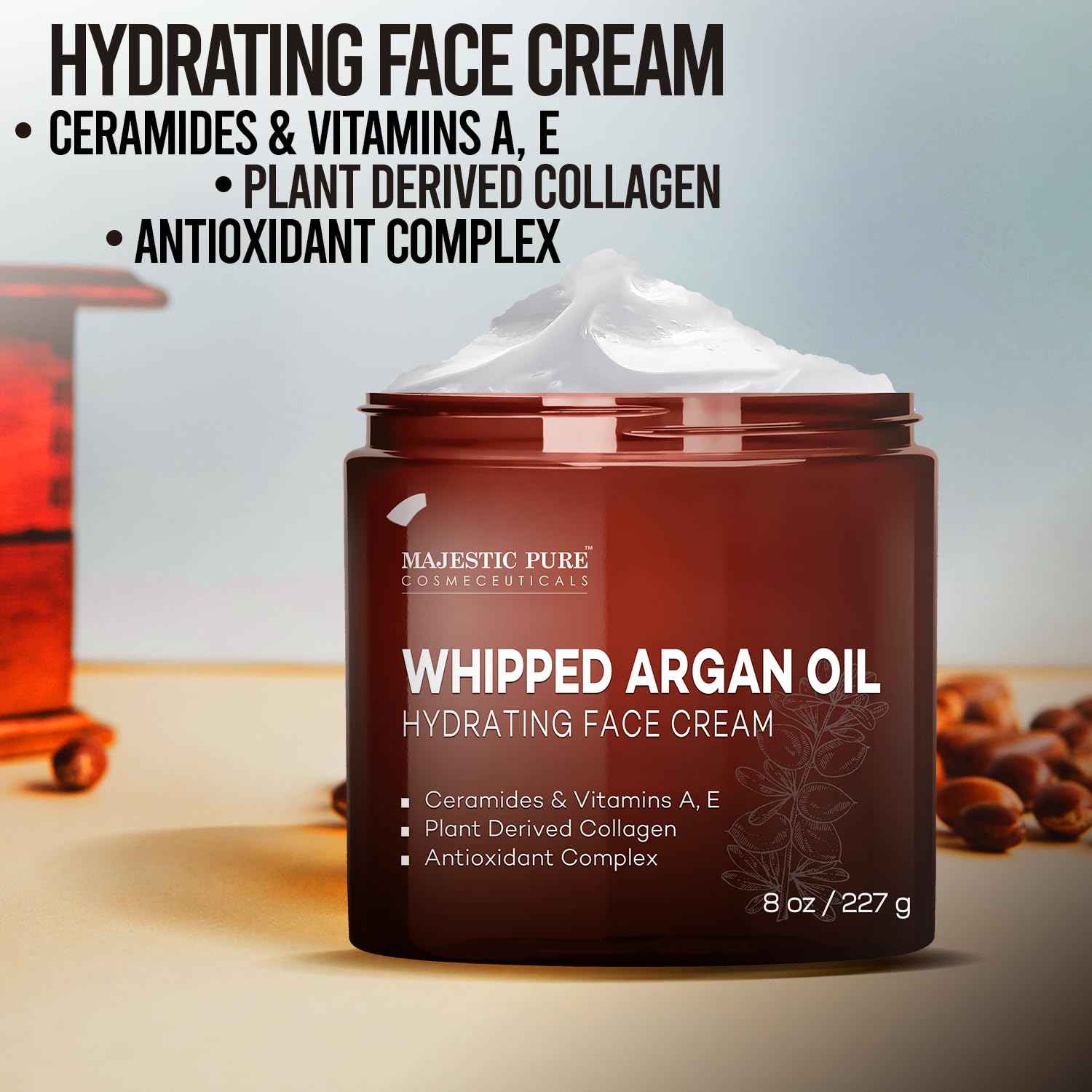 Majestic Pure Whipped Argan Oil Moisturizer Made in USA cruelty-free label on jar.