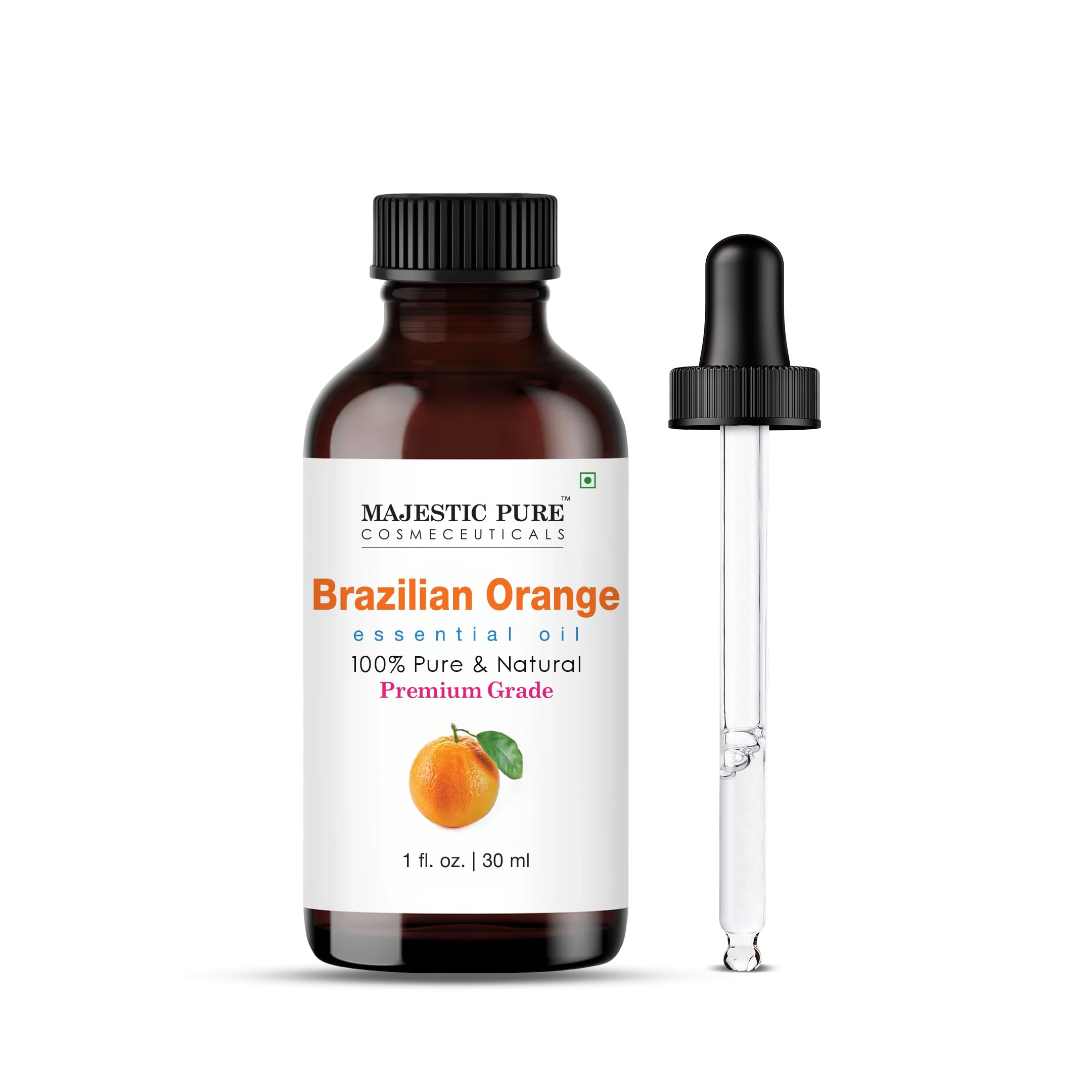 Amber glass bottle of Majestic Pure Brazilian Orange Essential Oil with dropper