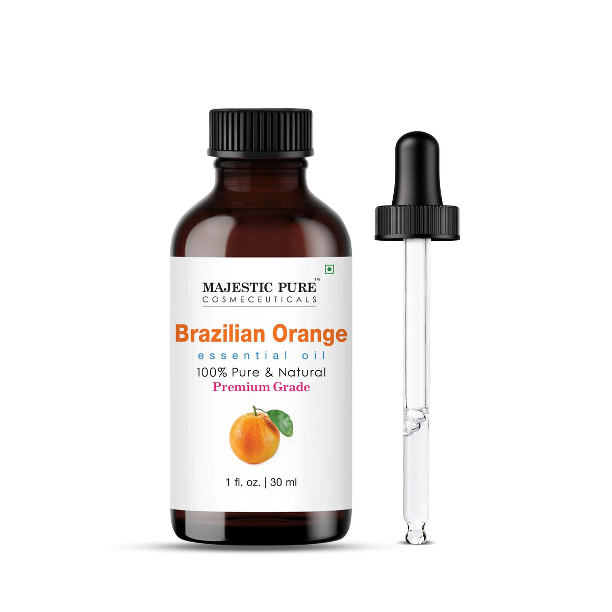 Amber glass bottle of Majestic Pure Brazilian Orange Essential Oil with dropper