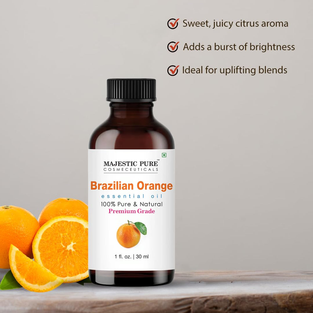 Close-up of amber glass bottle with dropper for Majestic Pure Brazilian Orange Essential Oil