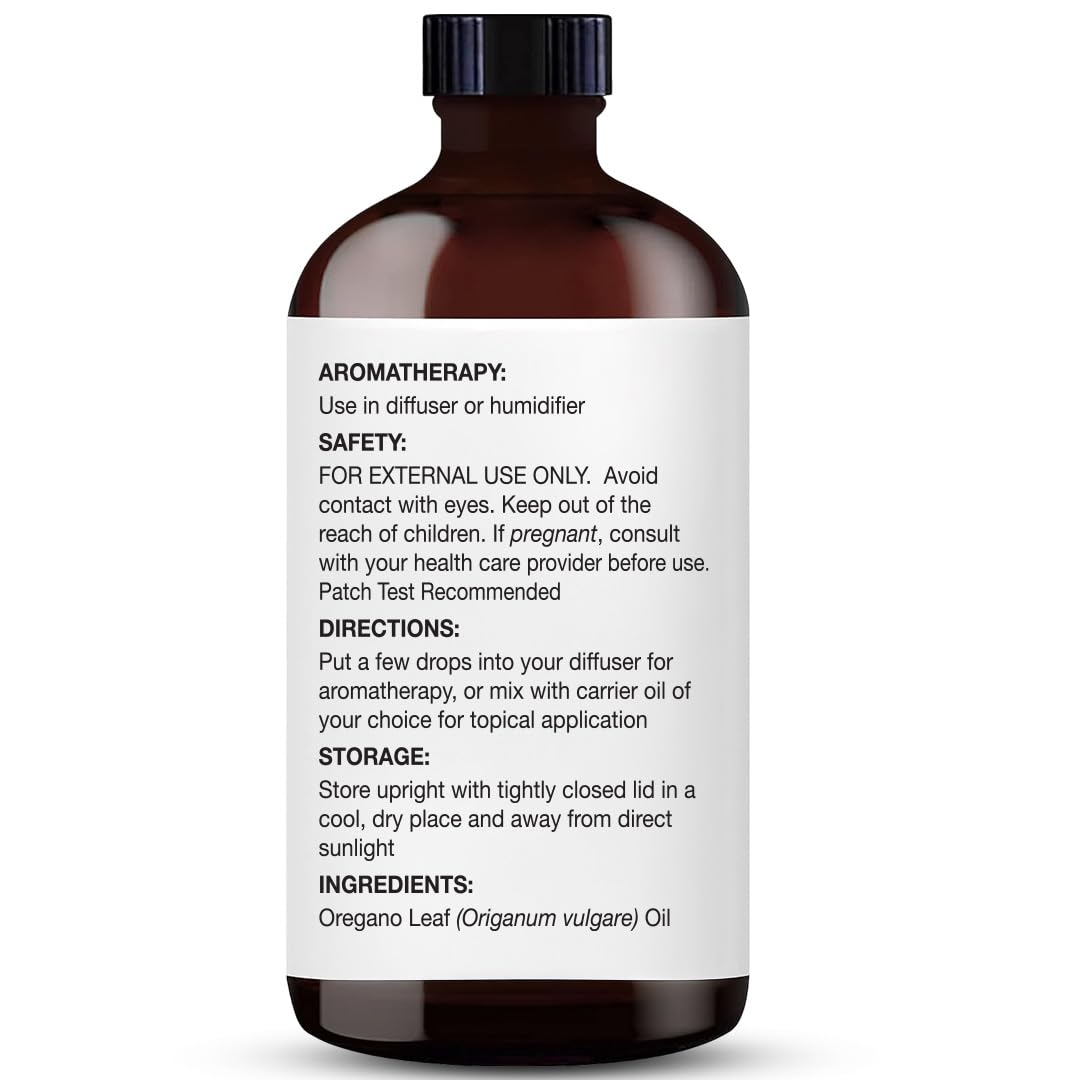 Oregano oil bottle displayed with product label and dropper