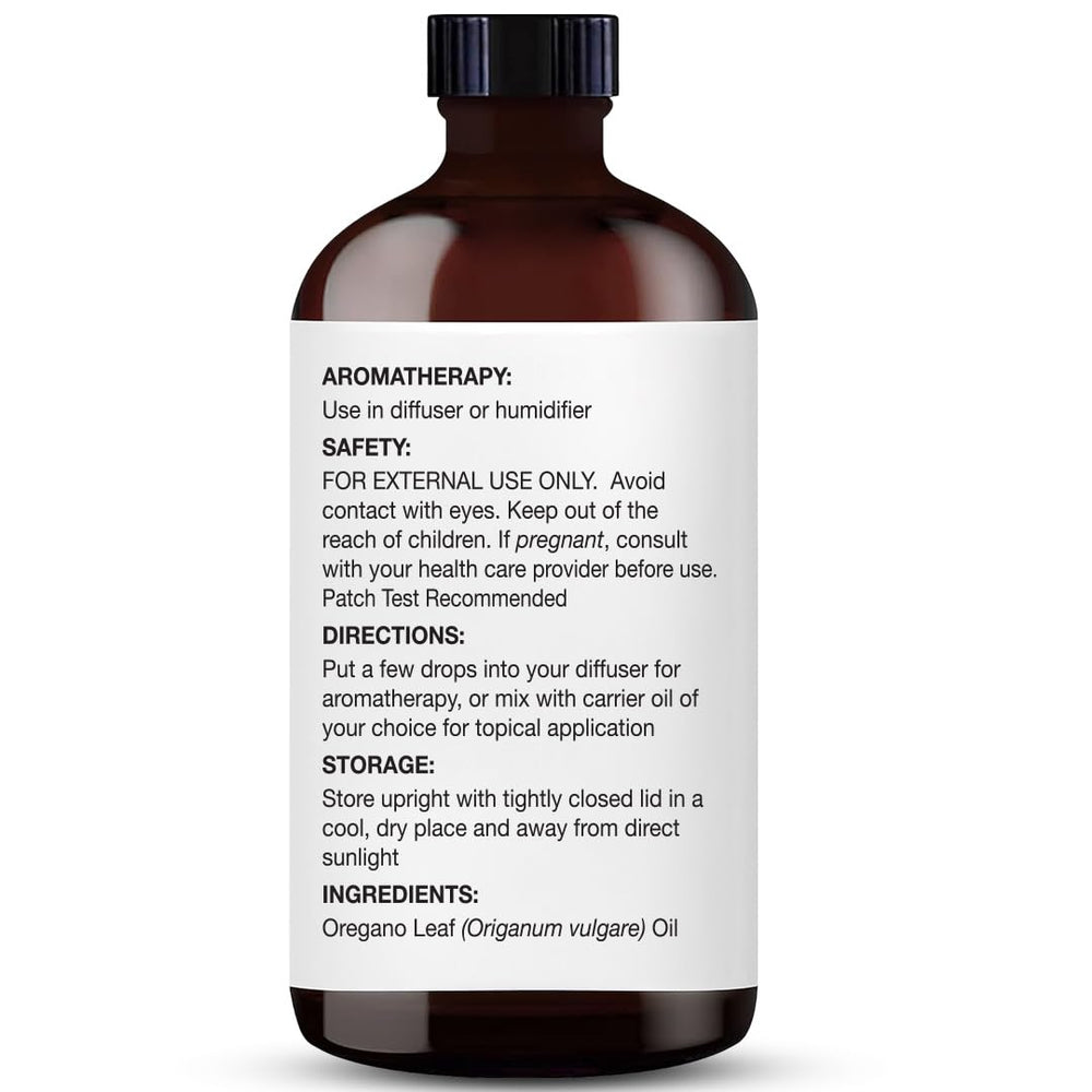 Oregano oil bottle displayed with product label and dropper