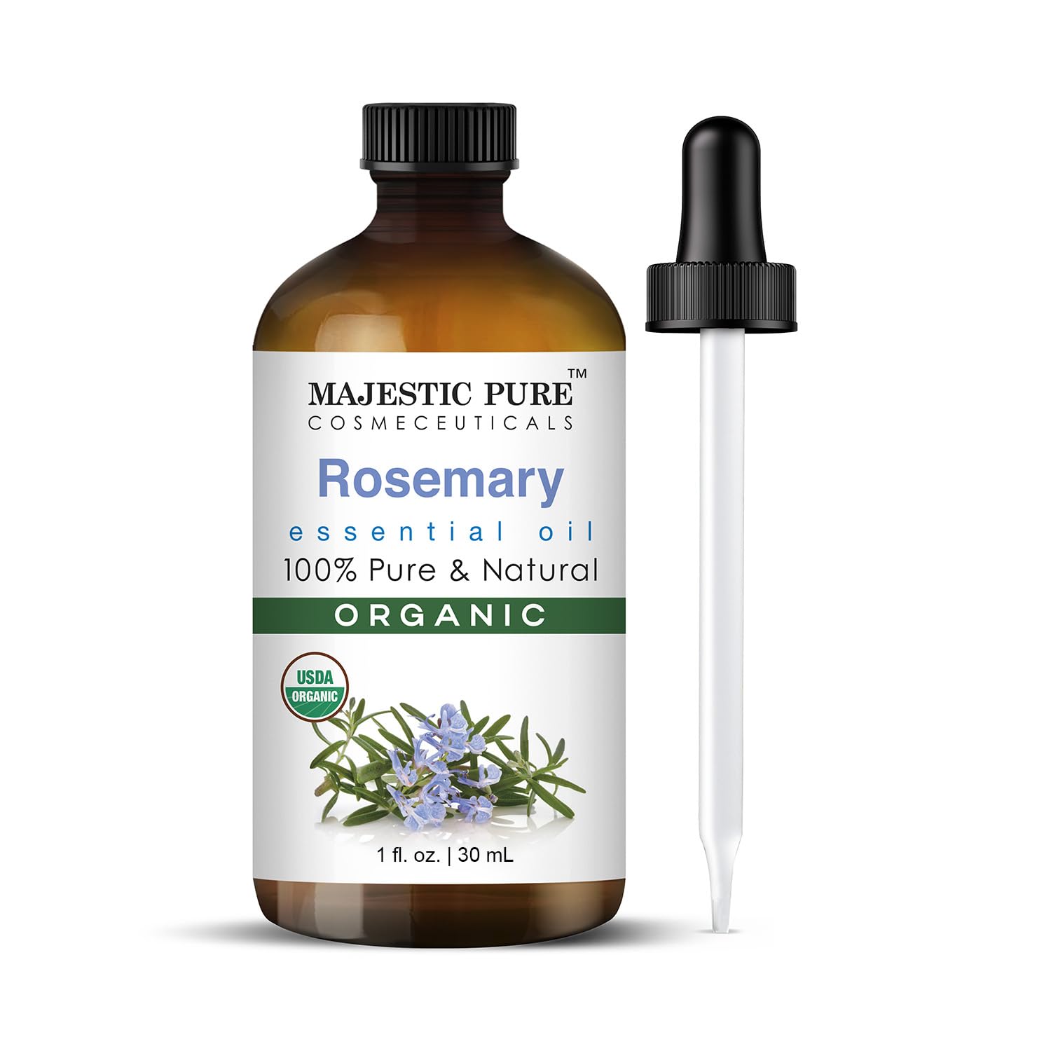 Majestic Pure Organic Rosemary Essential Oil 1 oz bottle in amber glass