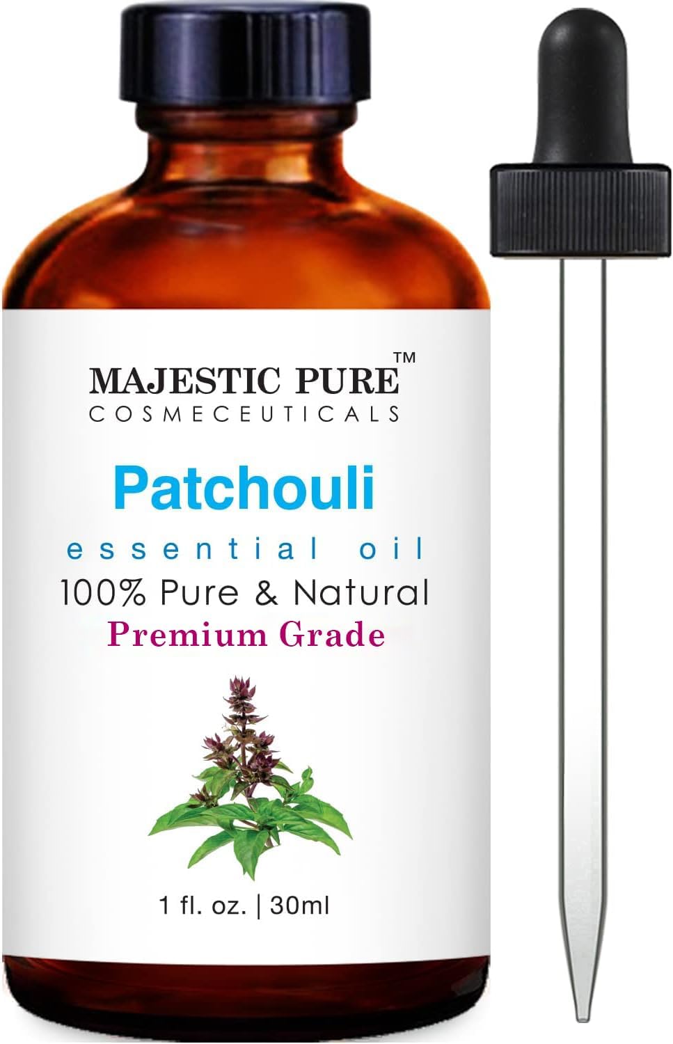 Majestic Pure Patchouli Essential Oil in amber glass bottle with dropper