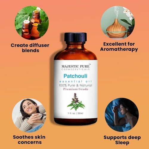 Patchouli essential oil in amber glass bottle with glass dropper