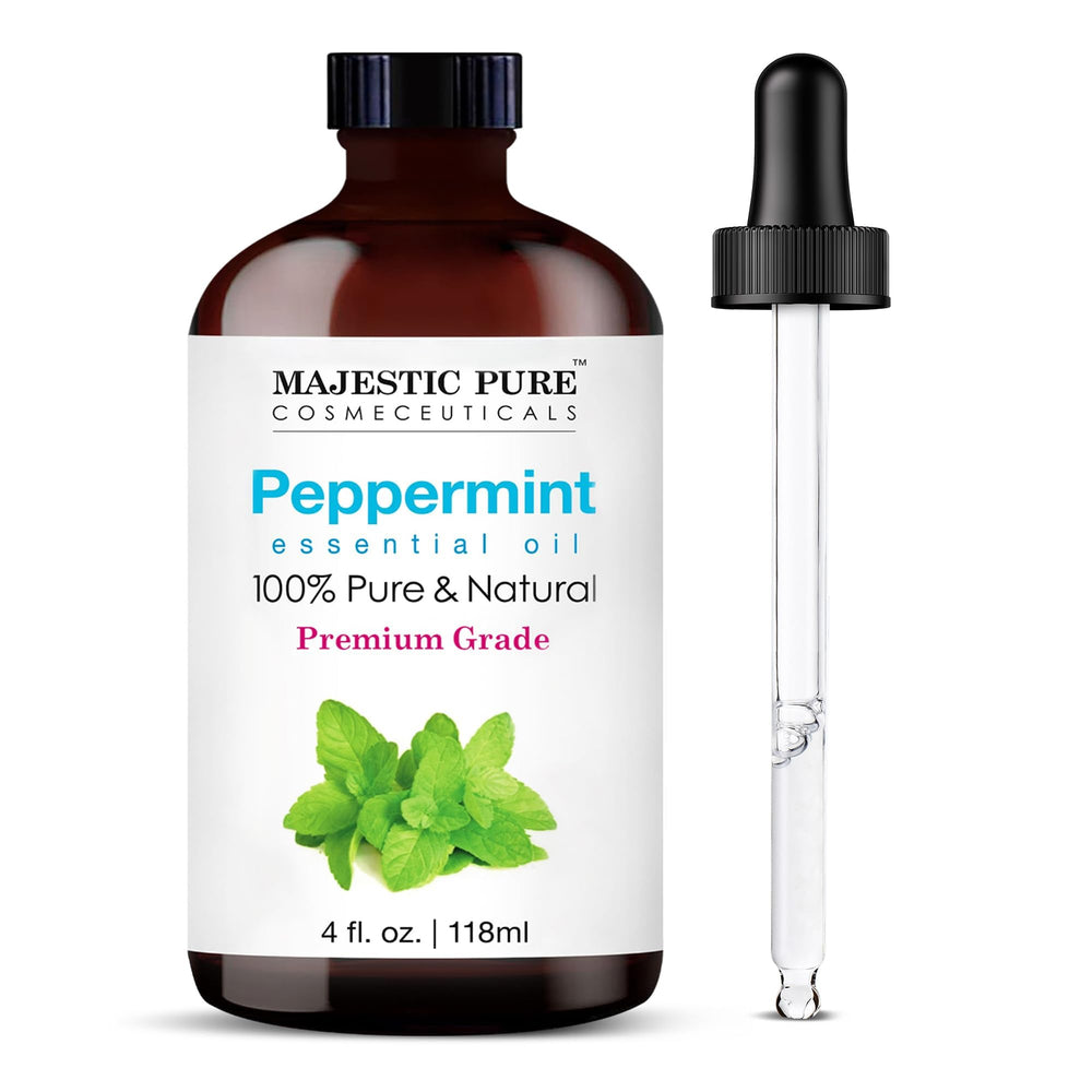 Majestic Pure Peppermint Essential Oil in amber glass bottle with dropper, 4 fl oz