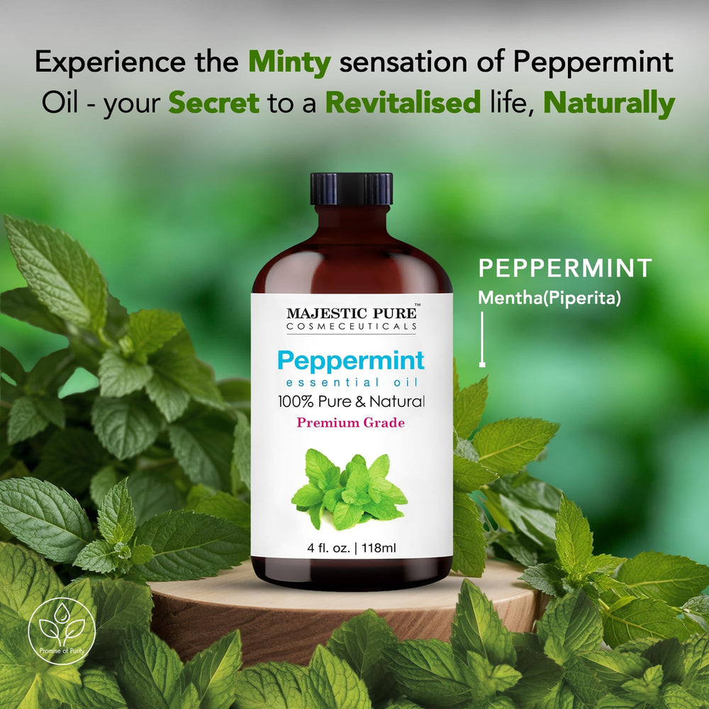 Peppermint essential oil label showing 100% pure and natural claim