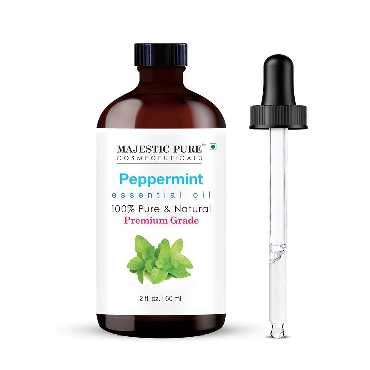 Majestic Pure Peppermint Essential Oil in amber glass bottle with dropper