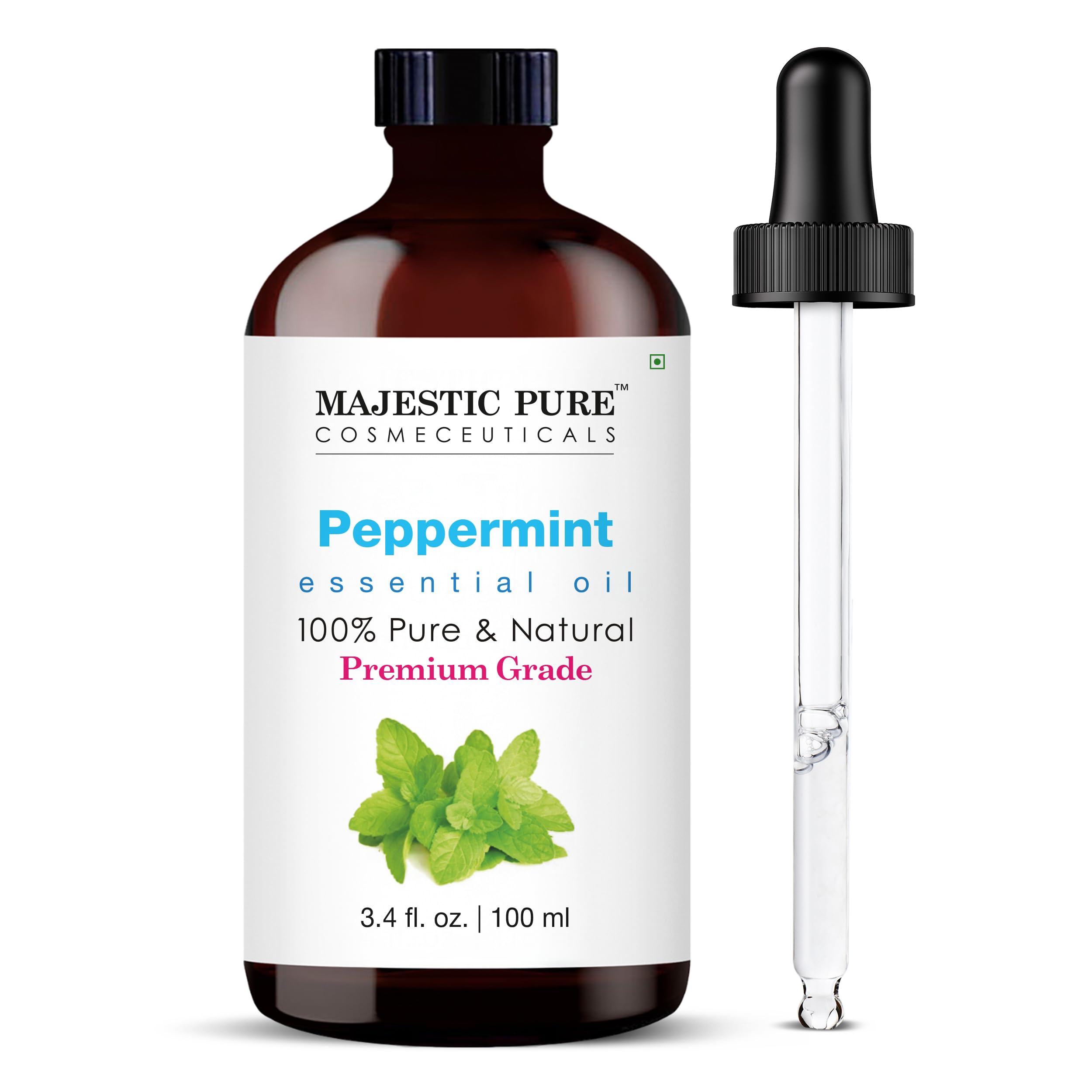 Majestic Pure Peppermint Essential Oil bottle with glass dropper - 3.4 fl oz