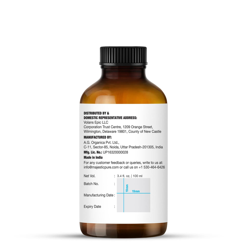 Front view of amber glass bottle containing peppermint essential oil
