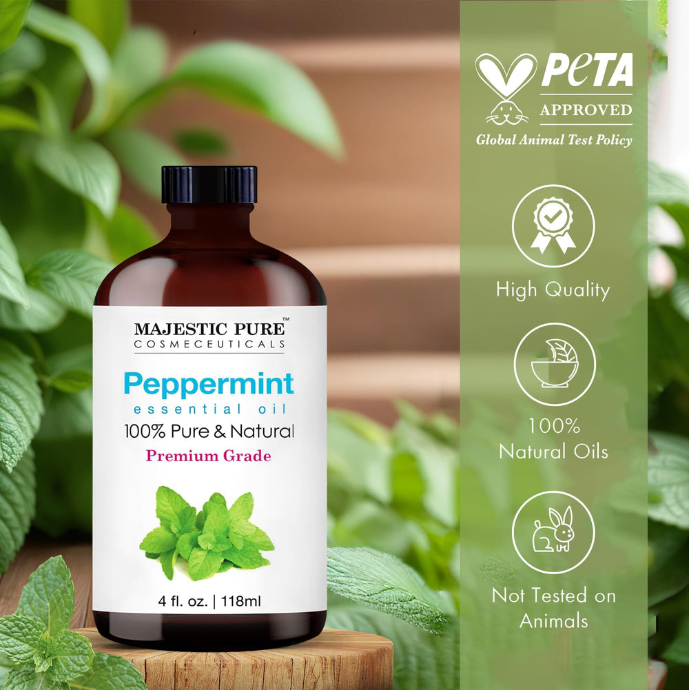 Label highlighting quality guarantee and no fillers on peppermint oil bottle