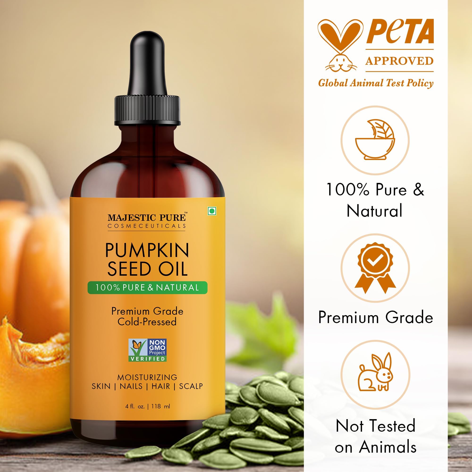 Cold-pressed pumpkin seed oil 4 oz Majestic Pure on white background