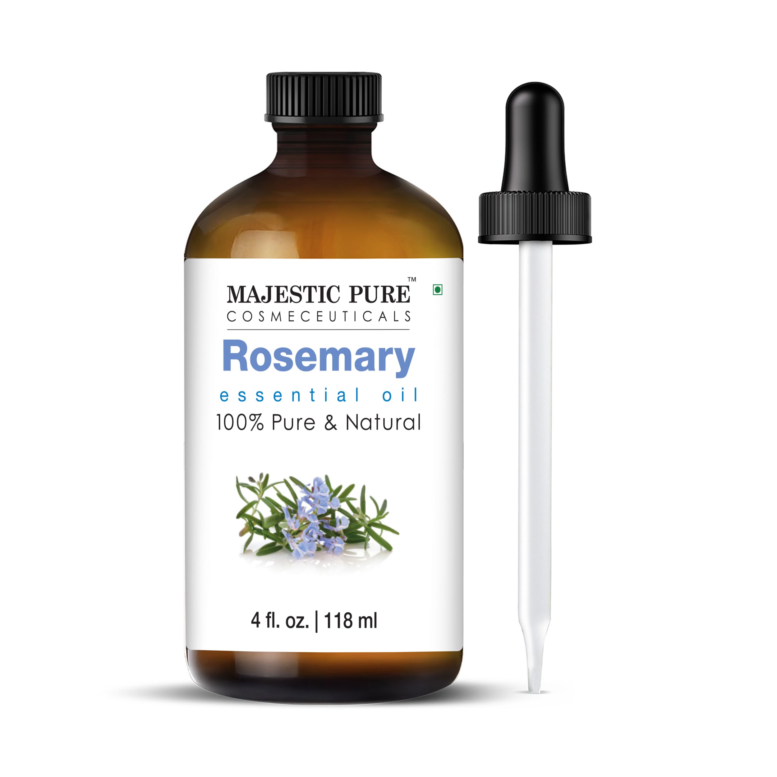 Amber glass bottle of Majestic Pure Rosemary Essential Oil with dropper