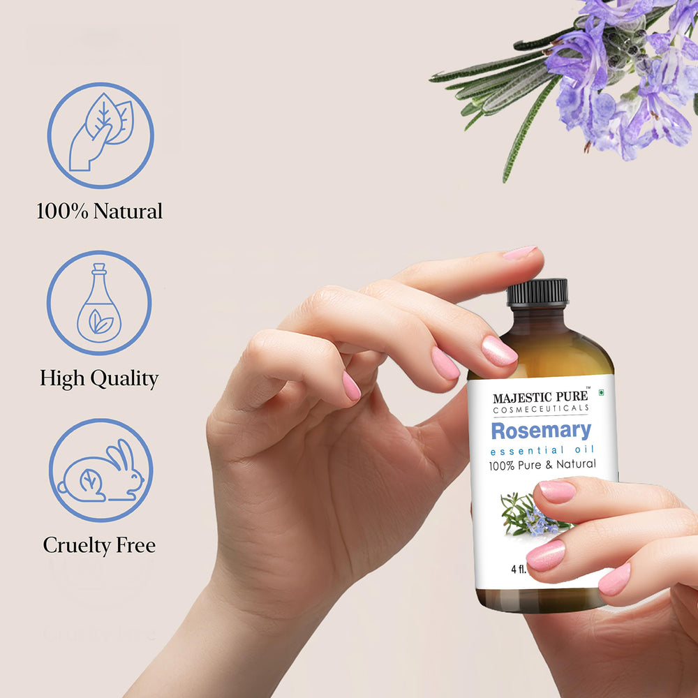 Rosemary essential oil bottle with amber glass and dropper