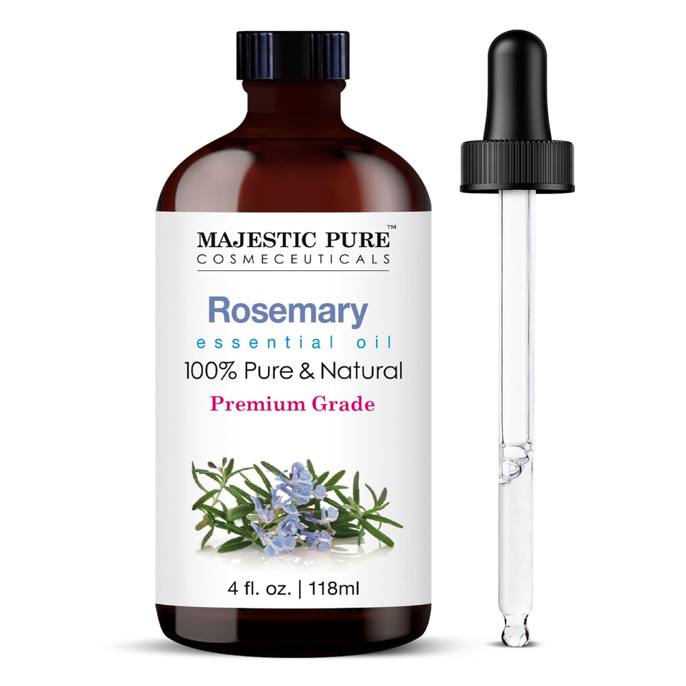 Majestic Pure Rosemary Essential Oil 4 oz in amber glass bottle with dropper