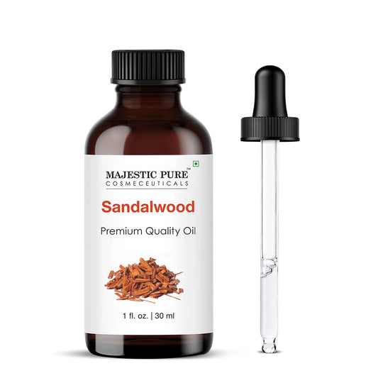 Majestic Pure Sandalwood Essential Oil in amber glass bottle with a 1 oz dropper