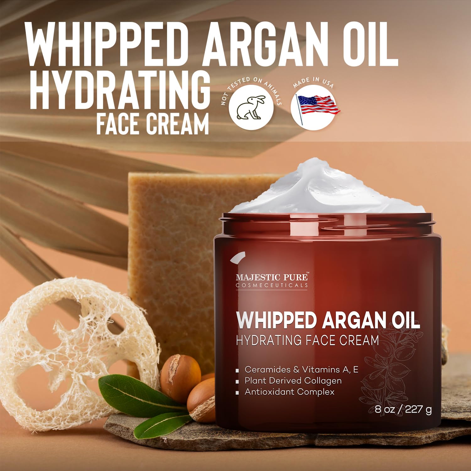 Majestic Pure Whipped Argan Oil Moisturizer on a bathroom shelf in natural light.