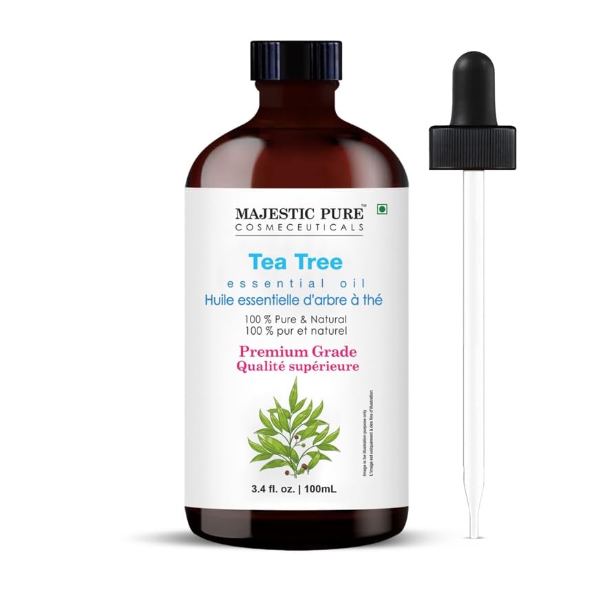 Amber glass bottle of Majestic Pure Tea Tree Essential Oil with dropper