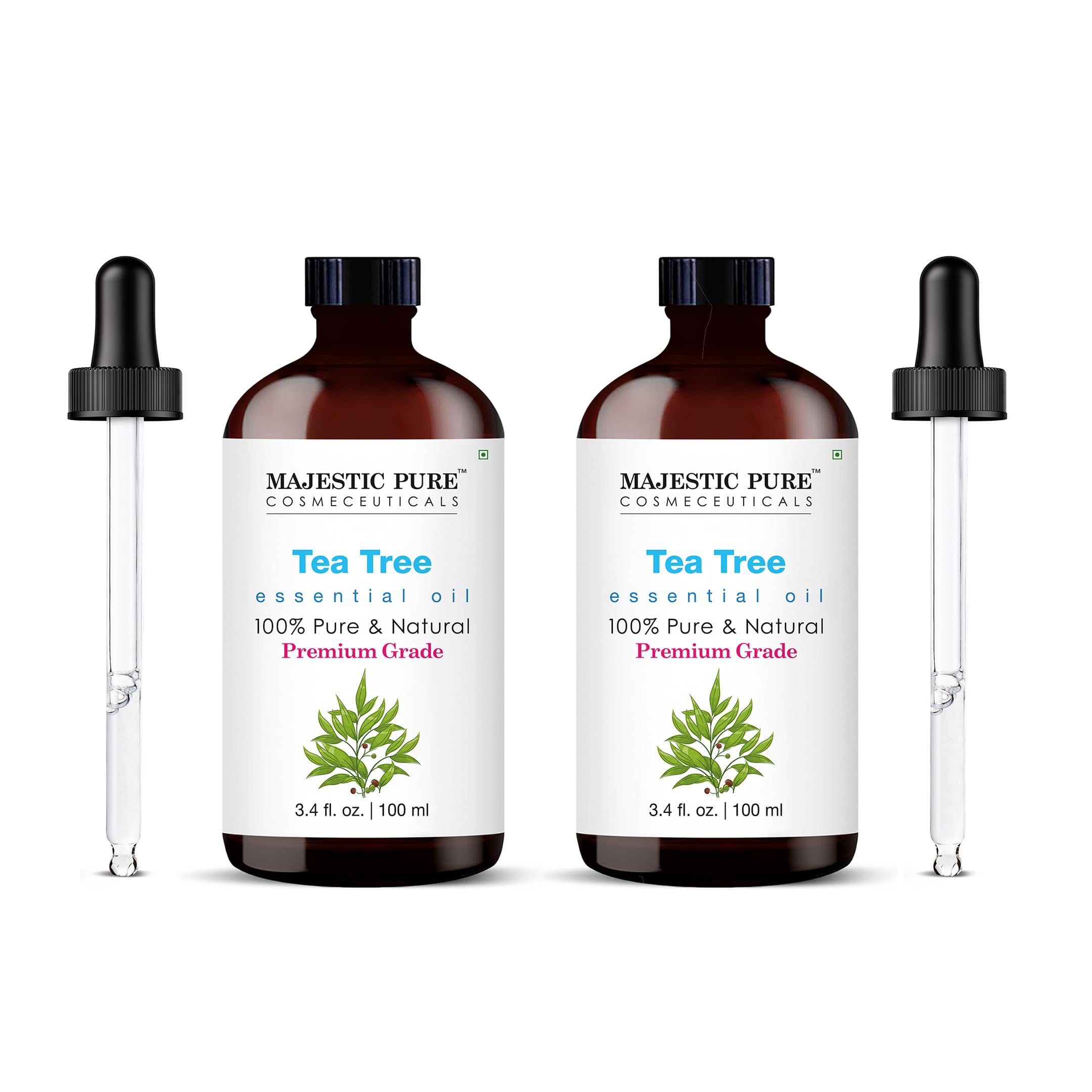 Majestic Pure Tea Tree Essential Oil in amber glass bottle with dropper, 3.4 oz, pack of 2