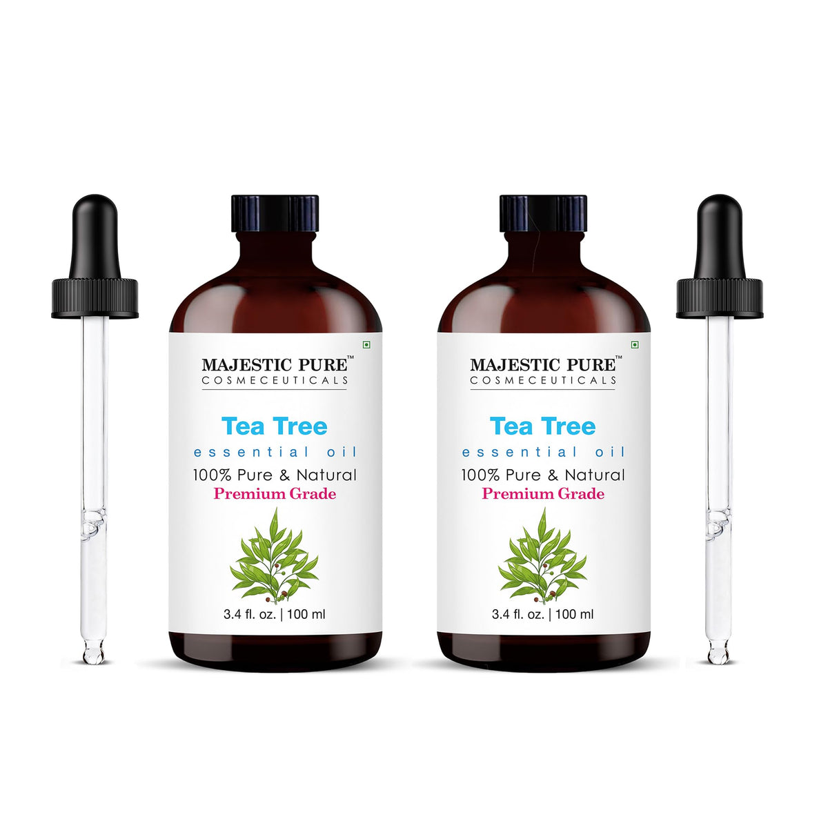 Majestic Pure Tea Tree Essential Oil in amber glass bottle with dropper, 3.4 oz, pack of 2