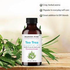 Close-up of Majestic Pure Tea Tree Oil label
