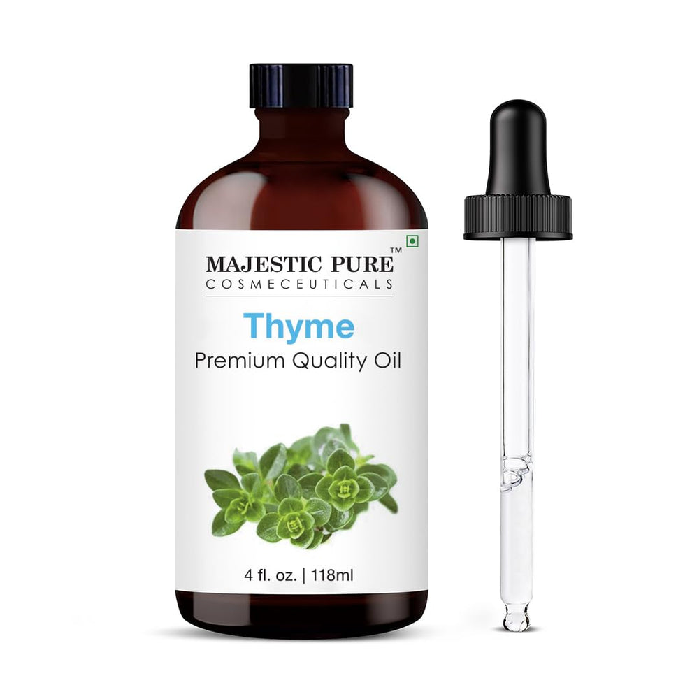Majestic Pure Thyme Essential Oil in 4 oz amber glass bottle with dropper