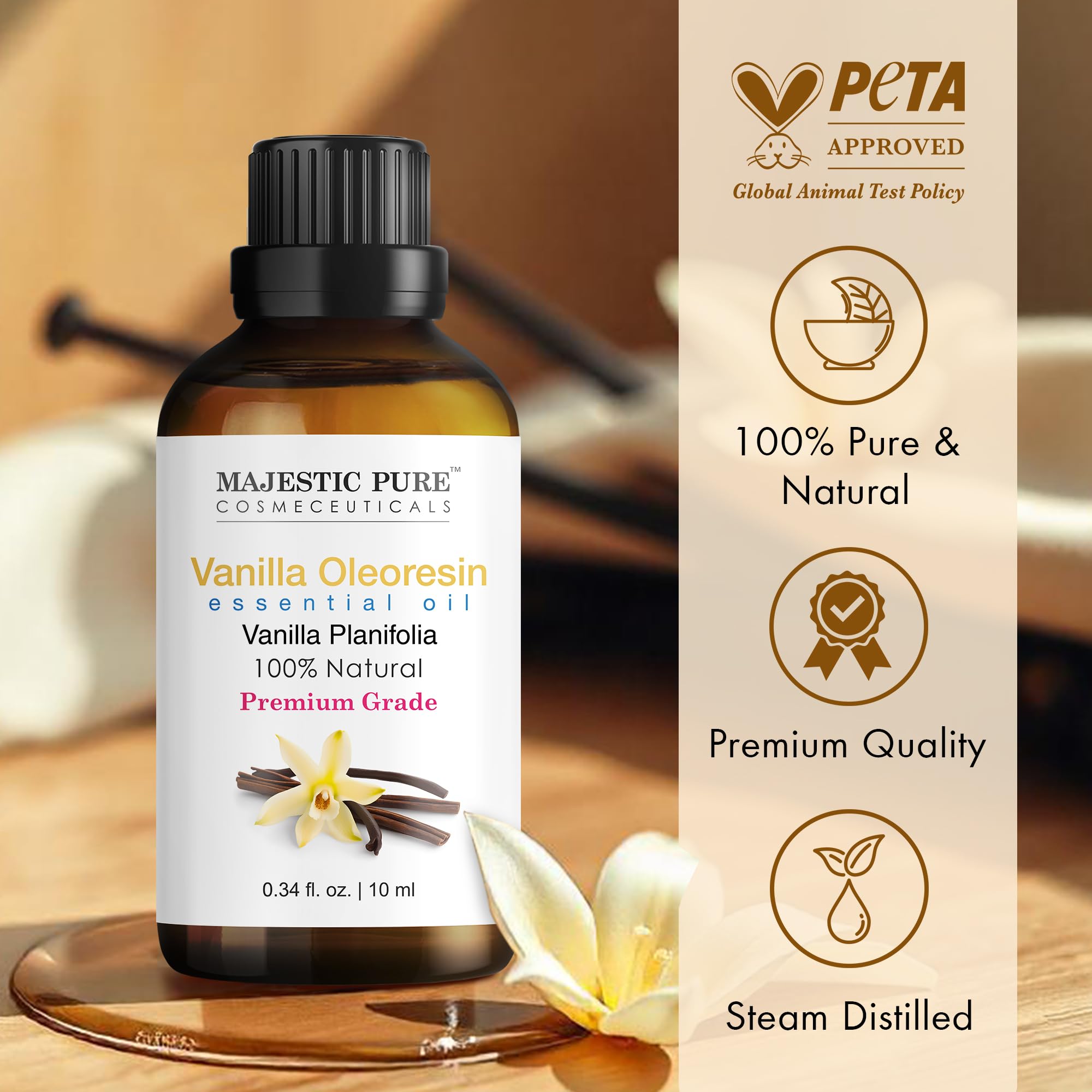 Majestic Pure Vanilla oil blends with rose for a comforting, sweet aroma.