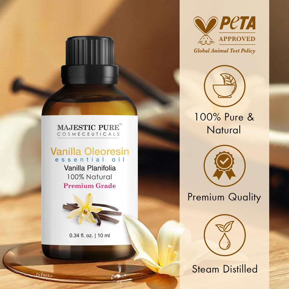 Majestic Pure Vanilla oil blends with rose for a comforting, sweet aroma.