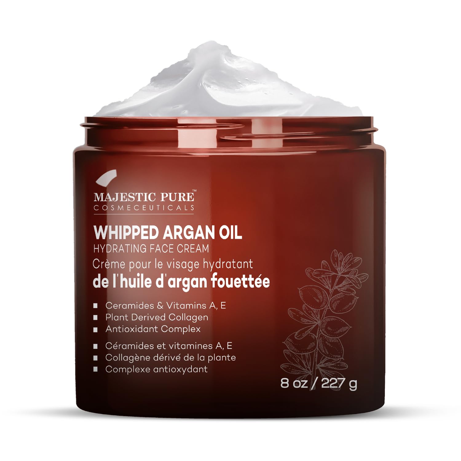 Majestic Pure Whipped Argan Oil Moisturizer jar open displaying rich texture for moisturization.