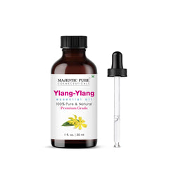Amber glass bottle of Majestic Pure Ylang Ylang essential oil with dropper, 1 oz